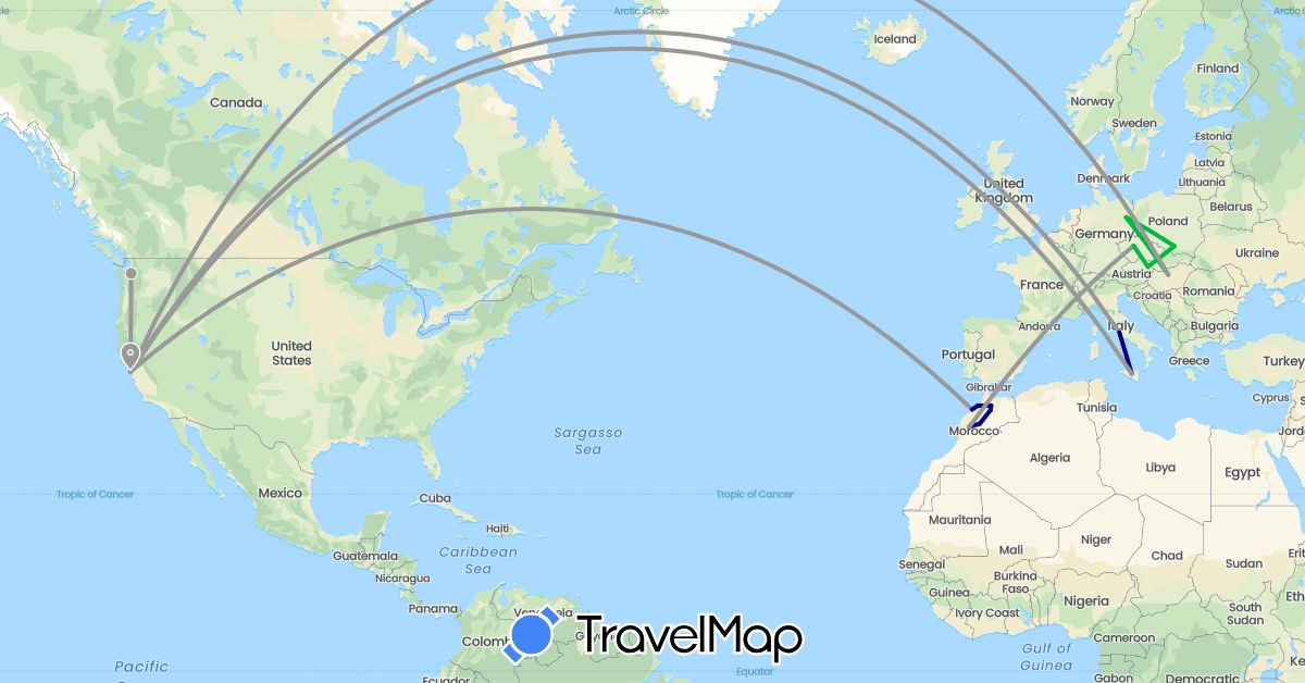 TravelMap itinerary: driving, bus, plane in Austria, Czech Republic, Germany, Hungary, Italy, Morocco, Poland, United States (Africa, Europe, North America)